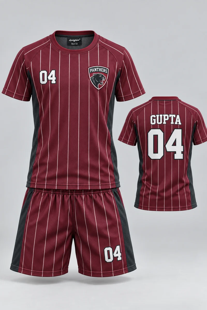 Children's Badminton kit: Burgundy Pinstripe, GUPTA 04, team crest and Sungrace neck label