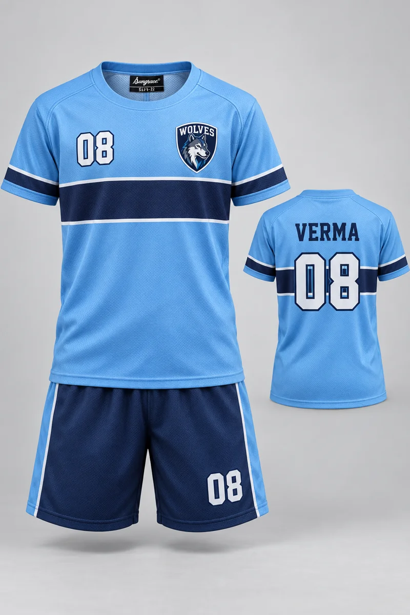 Children's Badminton kit: Sky Horizon, VERMA 08, team crest and Sungrace neck label