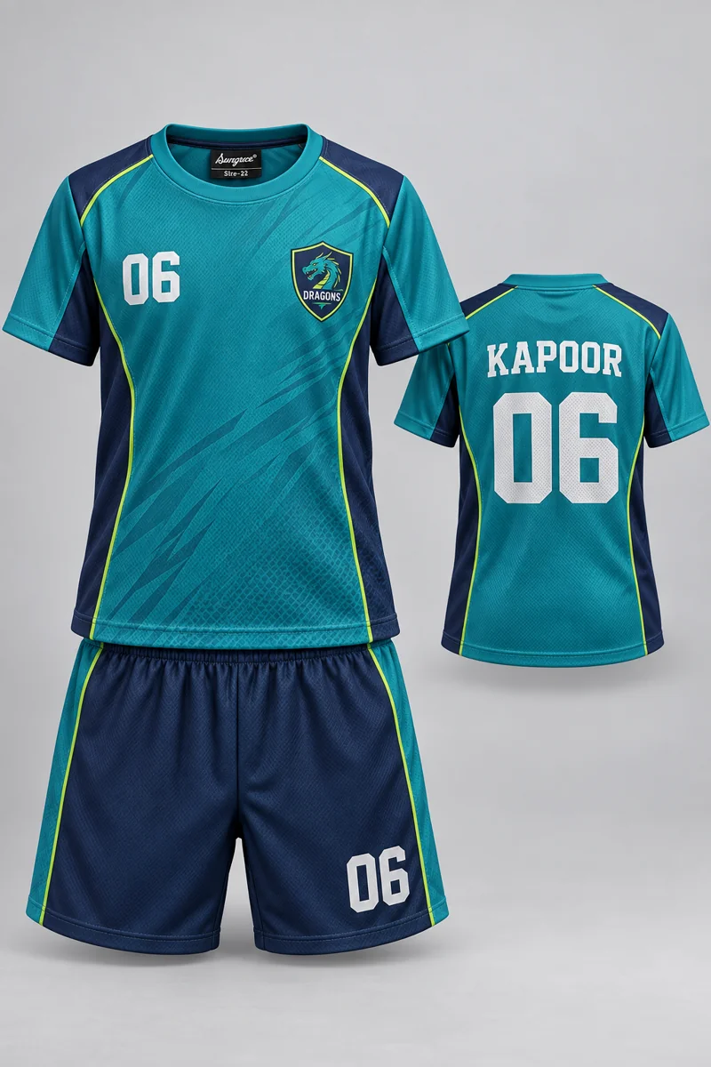 Children's Badminton kit: Teal Contour, KAPOOR 06, team crest and Sungrace neck label
