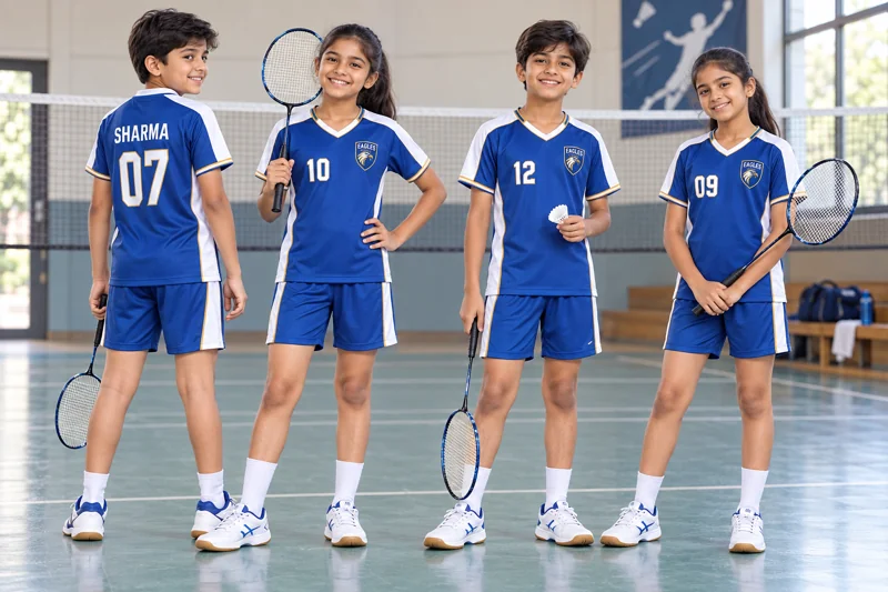 Schoolchildren wearing Badminton team uniforms