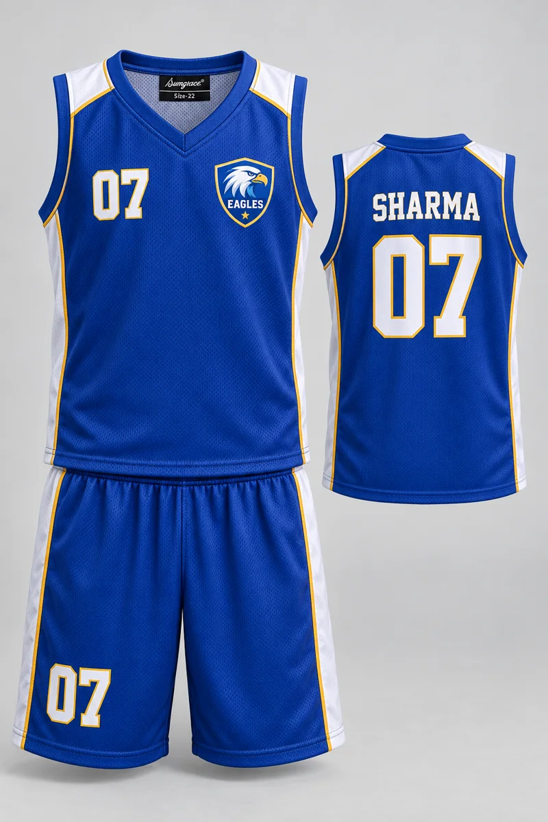 Children's Basketball kit: Classic Royal, SHARMA 07, team crest and Sungrace neck label
