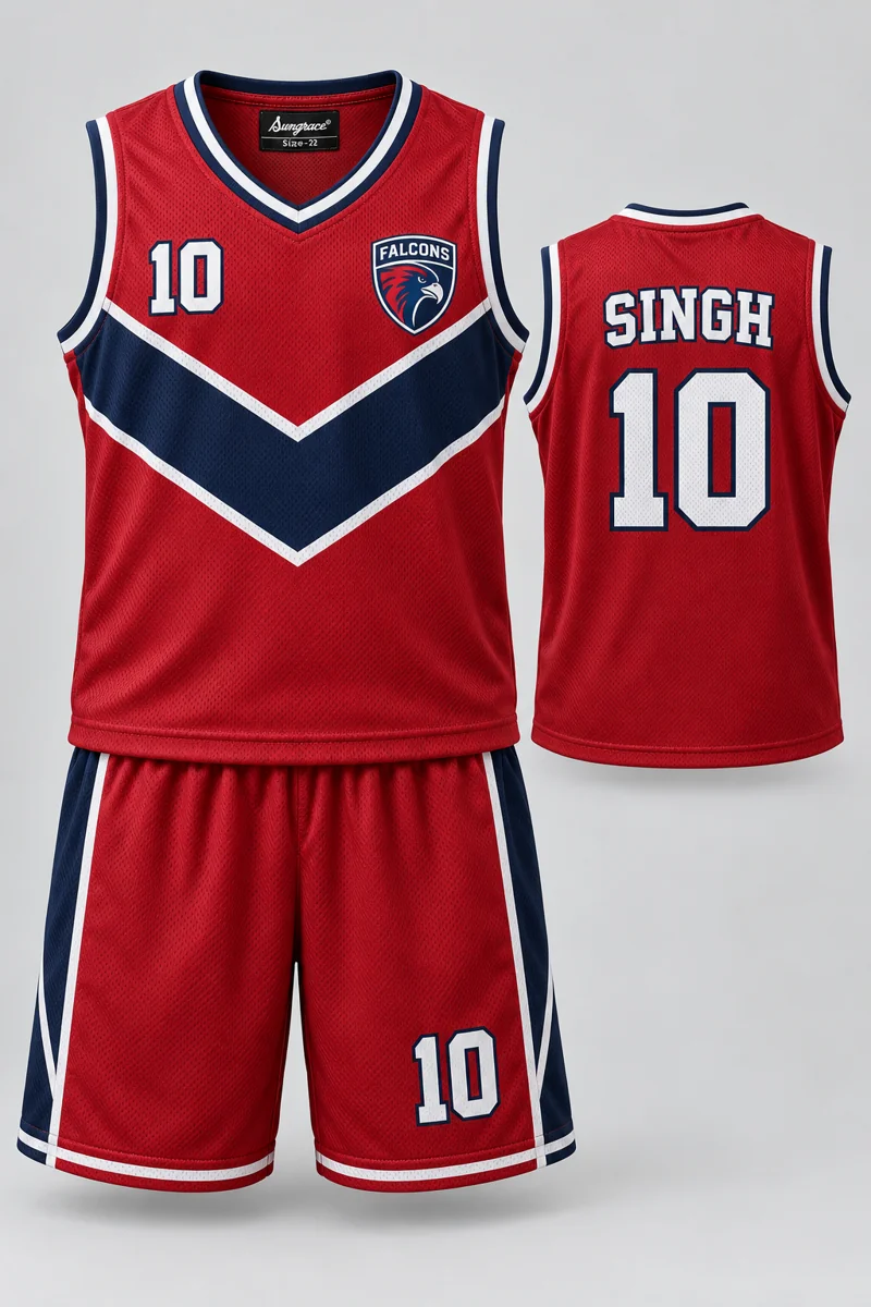Children's Basketball kit: Crimson Chevron, SINGH 10, team crest and Sungrace neck label