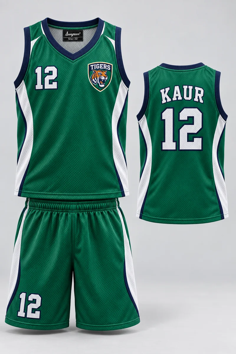 Children's Basketball kit: Emerald Side Panel, KAUR 12, team crest and Sungrace neck label