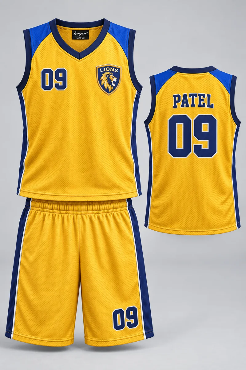Children's Basketball kit: Sunrise Gold, PATEL 09, team crest and Sungrace neck label