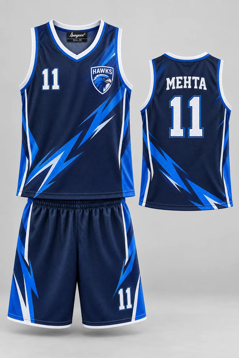 Children's Basketball kit: Navy Lightning, MEHTA 11, team crest and Sungrace neck label