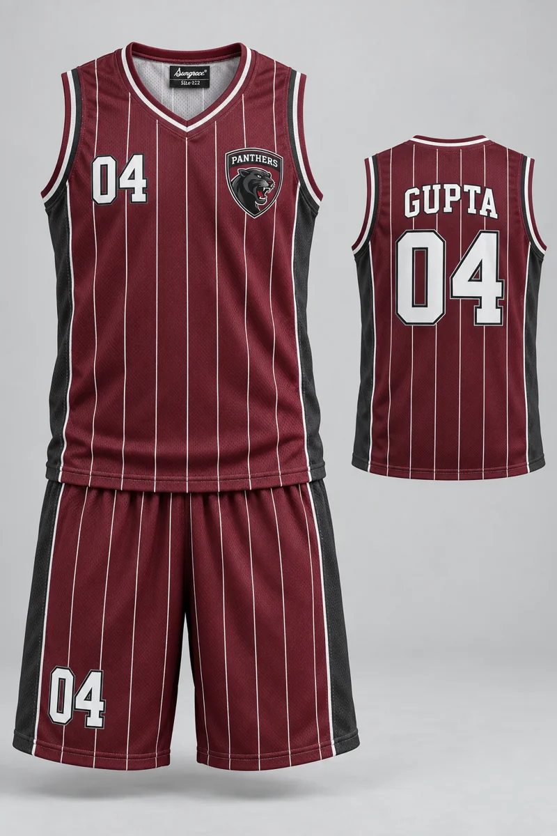 Children's Basketball kit: Burgundy Pinstripe, GUPTA 04, team crest and Sungrace neck label