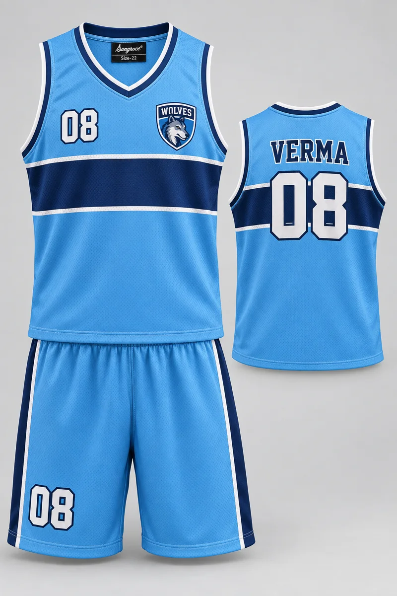 Children's Basketball kit: Sky Horizon, VERMA 08, team crest and Sungrace neck label