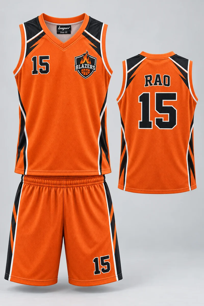 Children's Basketball kit: Orange Velocity, RAO 15, team crest and Sungrace neck label