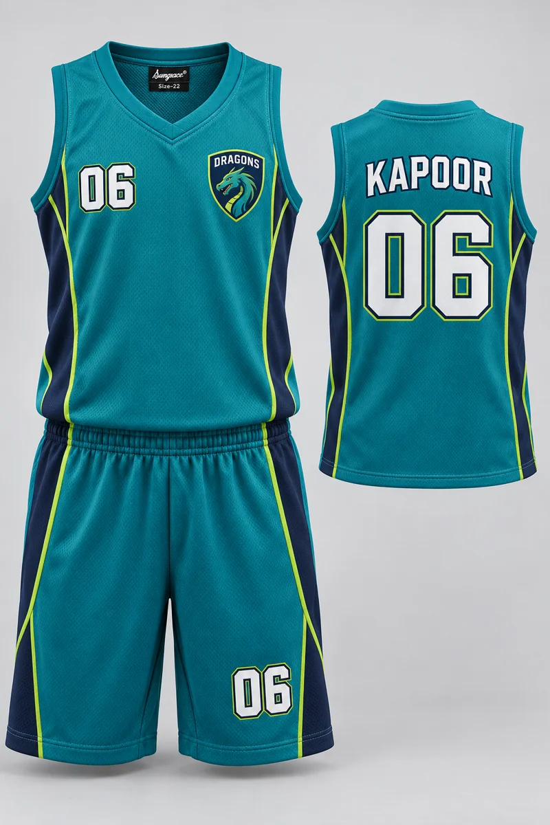 Children's Basketball kit: Teal Contour, KAPOOR 06, team crest and Sungrace neck label