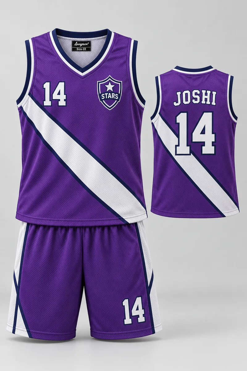 Children's Basketball kit: Violet Stride, JOSHI 14, team crest and Sungrace neck label