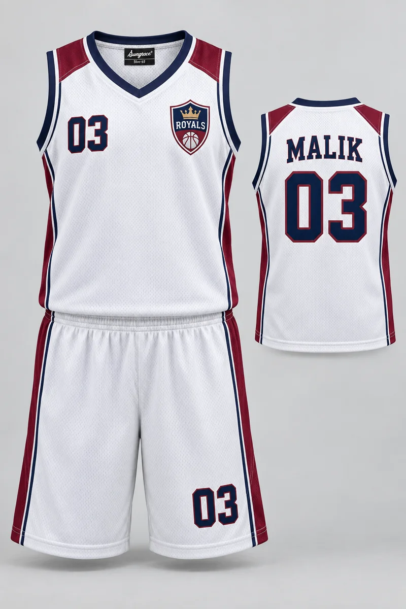 Children's Basketball kit: White Contrast, MALIK 03, team crest and Sungrace neck label