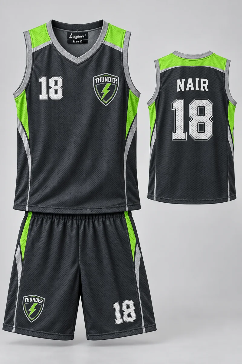 Children's Basketball kit: Charcoal Sprint, NAIR 18, team crest and Sungrace neck label