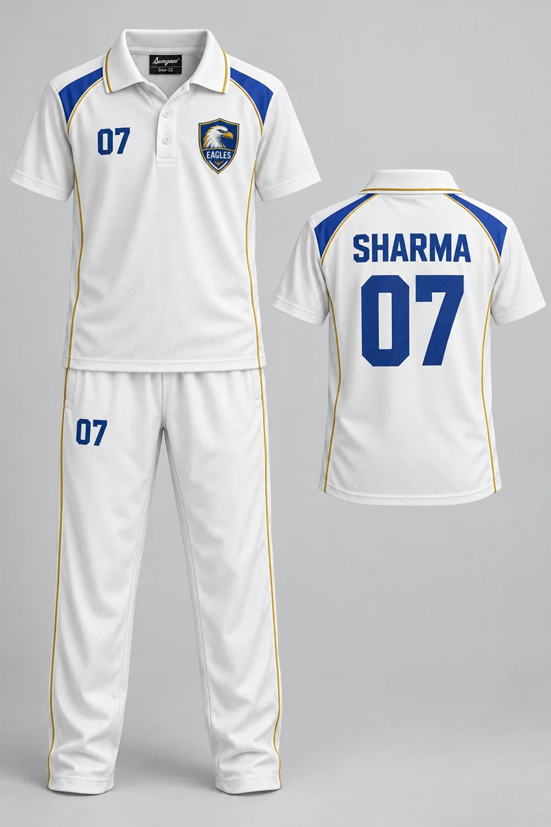 Children's Cricket kit: Classic Royal, SHARMA 07, team crest and Sungrace neck label