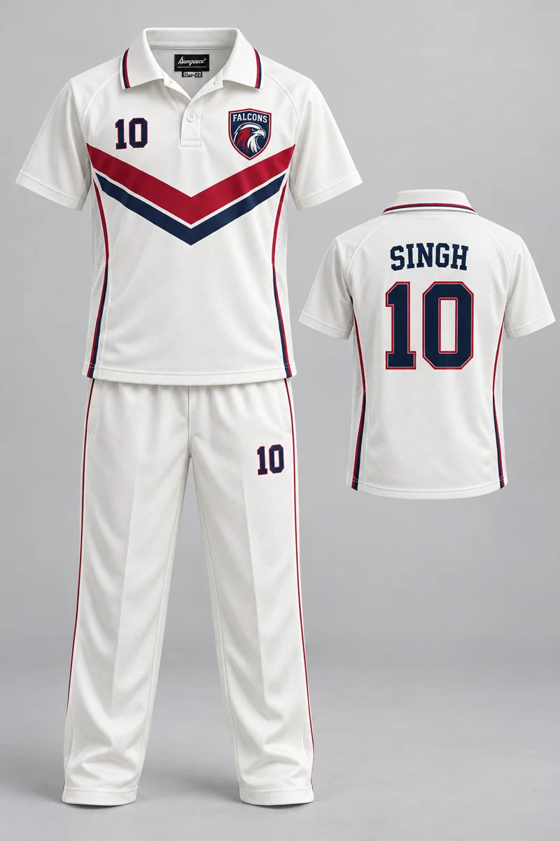 Children's Cricket kit: Crimson Chevron, SINGH 10, team crest and Sungrace neck label
