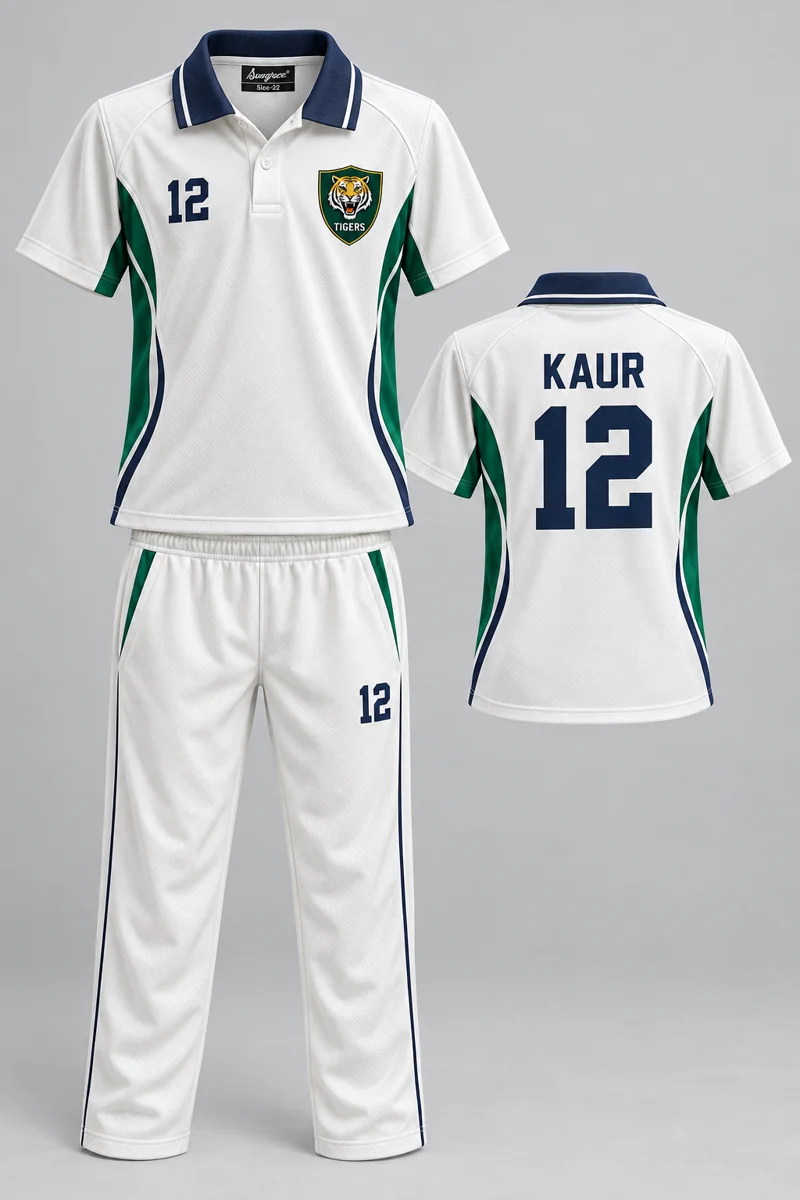 Children's Cricket kit: Emerald Side Panel, KAUR 12, team crest and Sungrace neck label