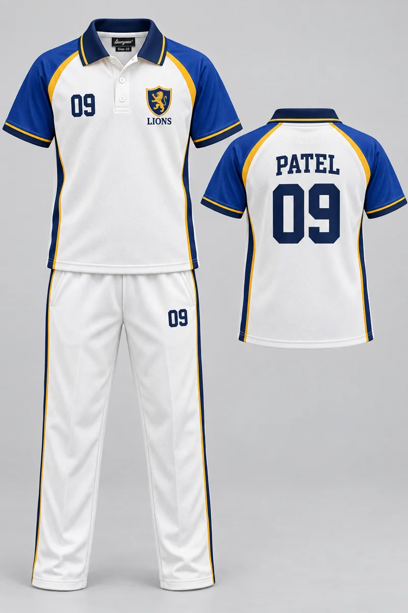 Children's Cricket kit: Sunrise Gold, PATEL 09, team crest and Sungrace neck label