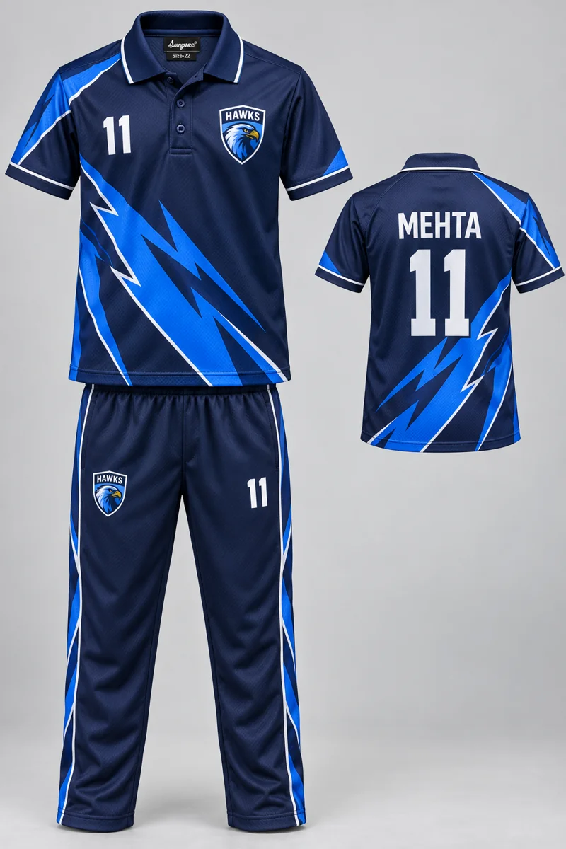 Children's Cricket kit: Navy Lightning, MEHTA 11, team crest and Sungrace neck label