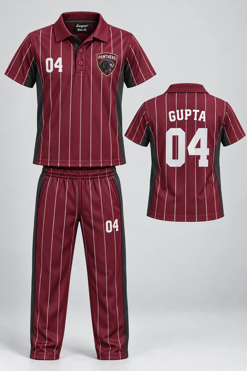 Children's Cricket kit: Burgundy Pinstripe, GUPTA 04, team crest and Sungrace neck label