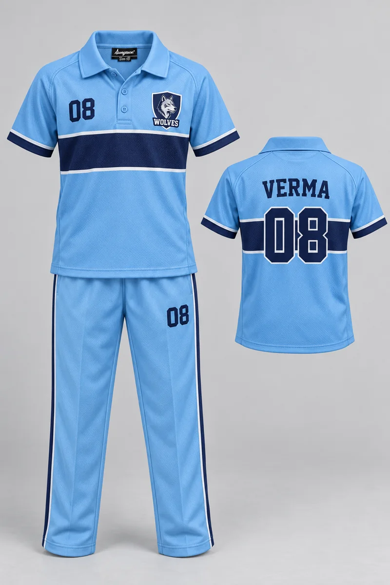 Children's Cricket kit: Sky Horizon, VERMA 08, team crest and Sungrace neck label