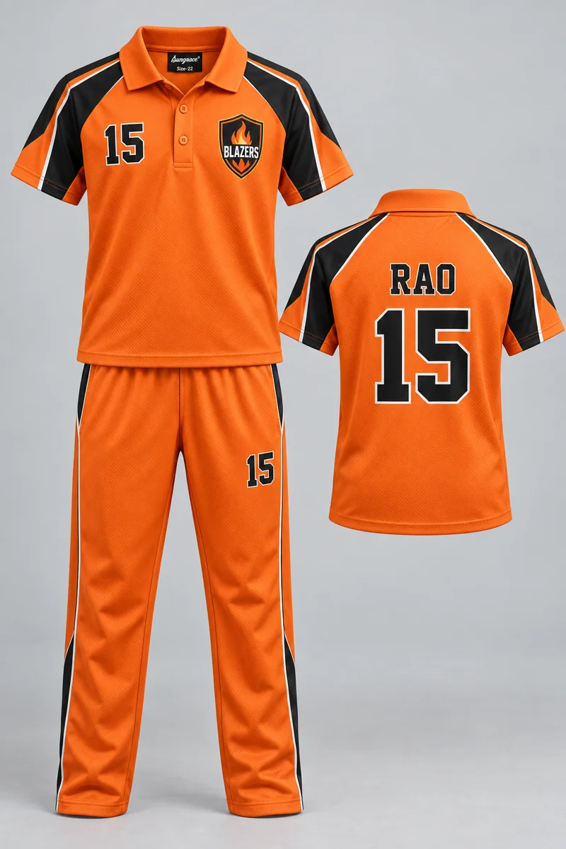 Children's Cricket kit: Orange Velocity, RAO 15, team crest and Sungrace neck label