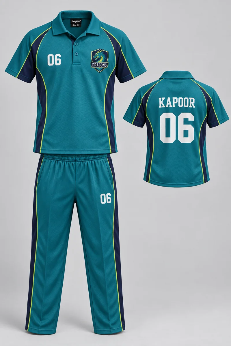 Children's Cricket kit: Teal Contour, KAPOOR 06, team crest and Sungrace neck label