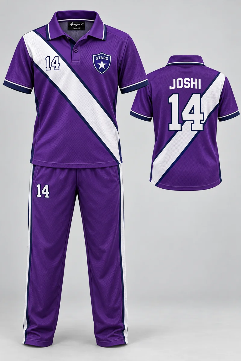 Children's Cricket kit: Violet Stride, JOSHI 14, team crest and Sungrace neck label