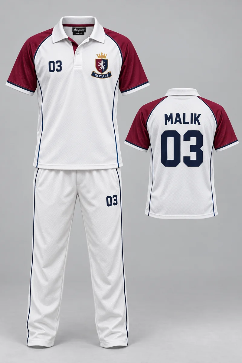 Children's Cricket kit: White Contrast, MALIK 03, team crest and Sungrace neck label