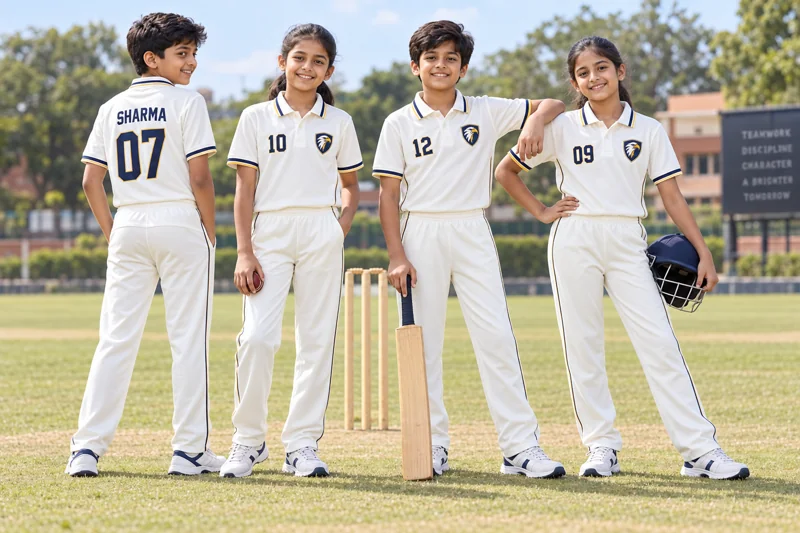 Schoolchildren wearing Cricket team uniforms