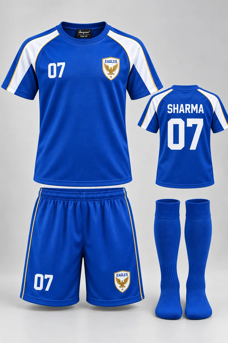 Children's Football kit: Classic Royal, SHARMA 07, team crest and Sungrace neck label