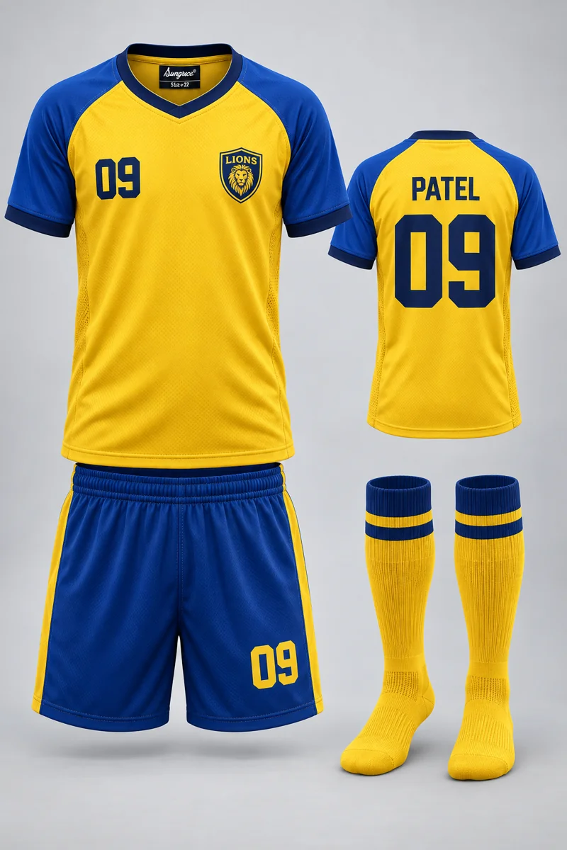 Children's Football kit: Sunrise Gold, PATEL 09, team crest and Sungrace neck label