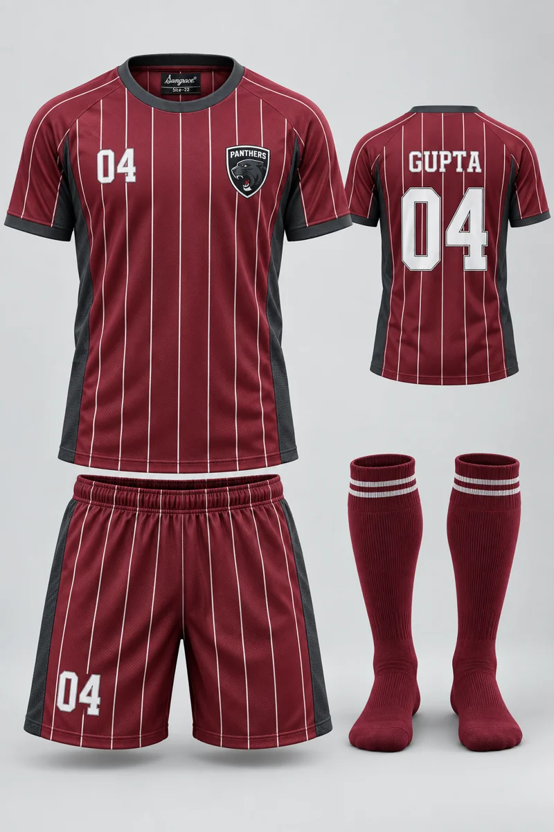 Children's Football kit: Burgundy Pinstripe, GUPTA 04, team crest and Sungrace neck label