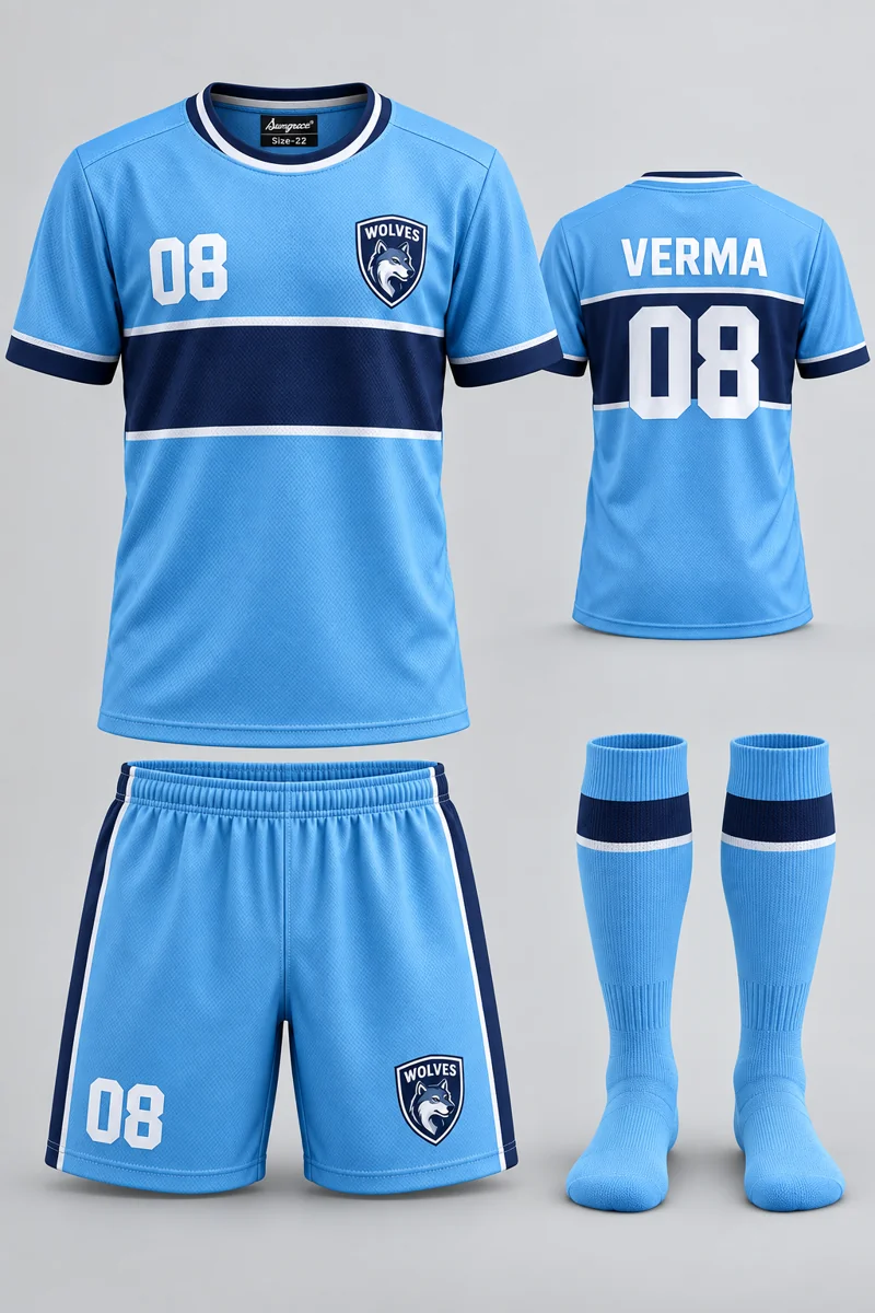 Children's Football kit: Sky Horizon, VERMA 08, team crest and Sungrace neck label
