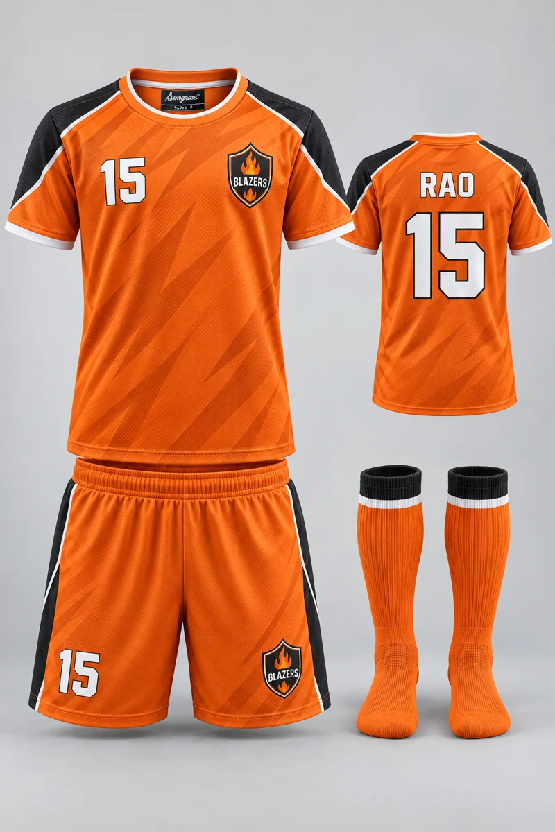 Children's Football kit: Orange Velocity, RAO 15, team crest and Sungrace neck label
