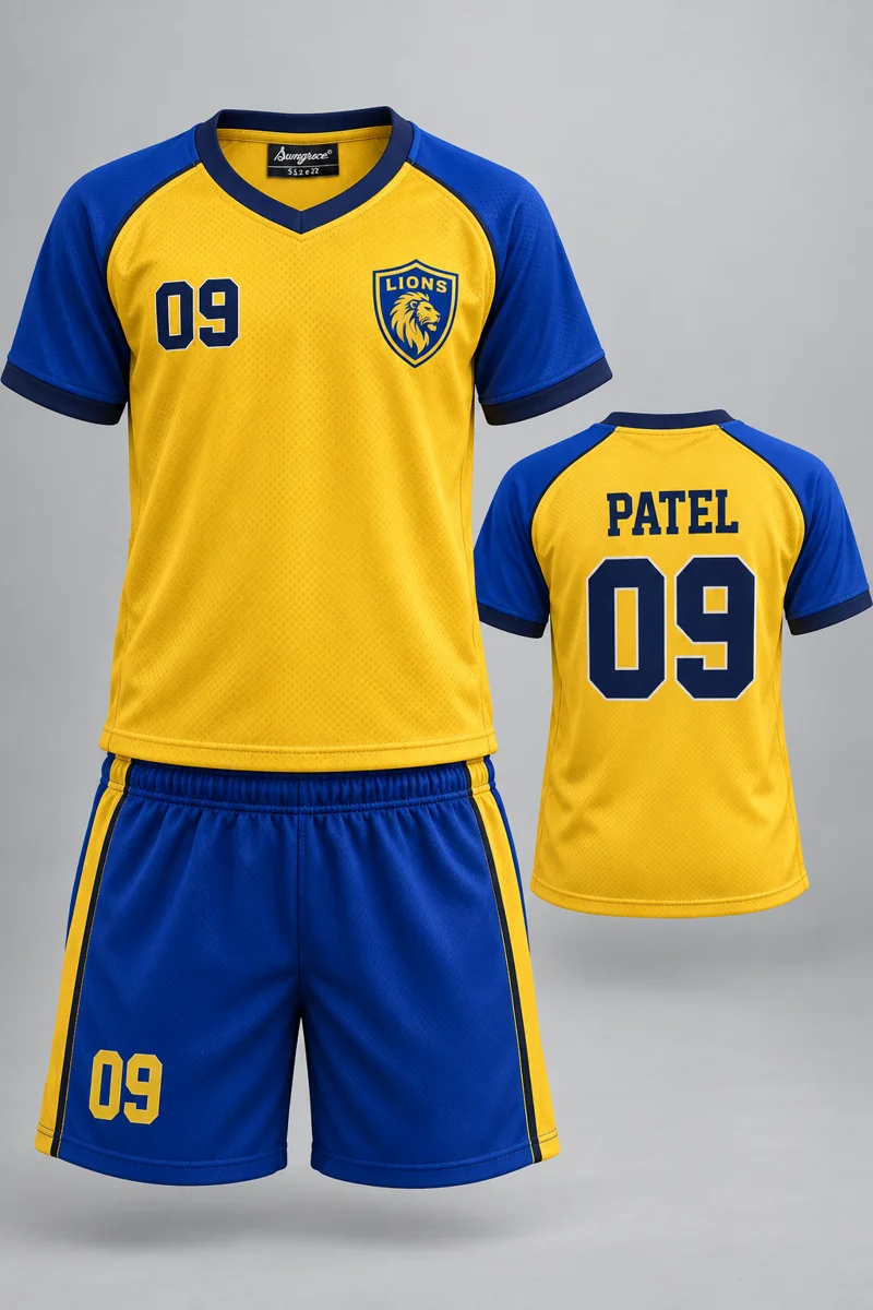 Children's Handball kit: Sunrise Gold, PATEL 09, team crest and Sungrace neck label