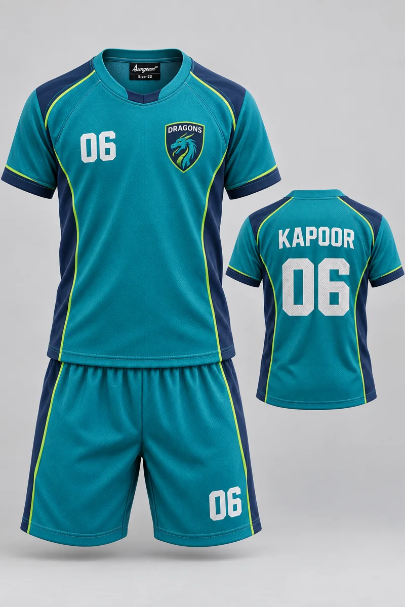Children's Handball kit: Teal Contour, KAPOOR 06, team crest and Sungrace neck label