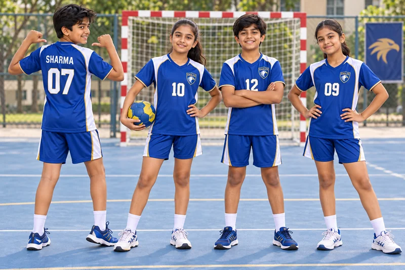 Schoolchildren wearing Handball team uniforms