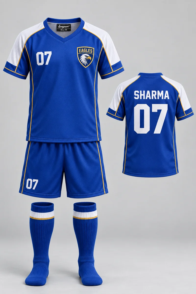 Children's Hockey kit: Classic Royal, SHARMA 07, team crest and Sungrace neck label