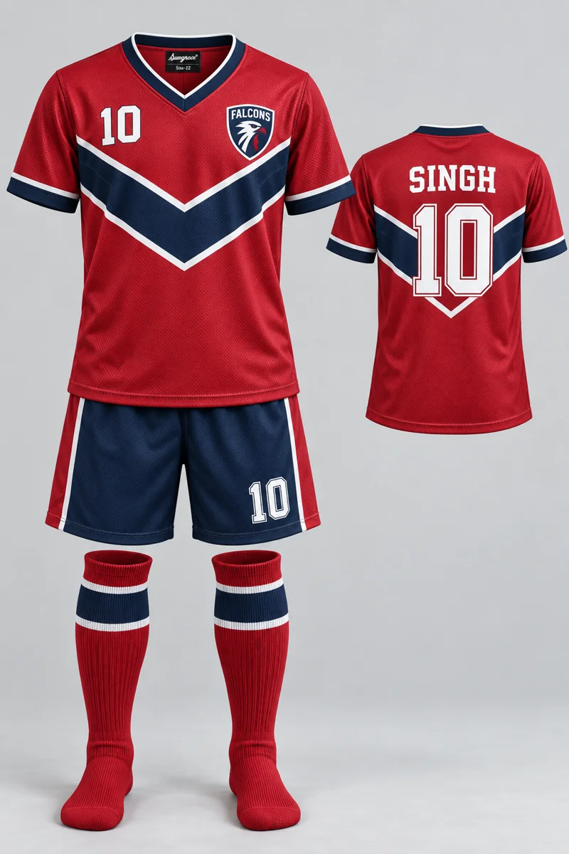 Children's Hockey kit: Crimson Chevron, SINGH 10, team crest and Sungrace neck label