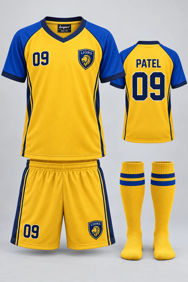 Children's Hockey kit: Sunrise Gold, PATEL 09, team crest and Sungrace neck label