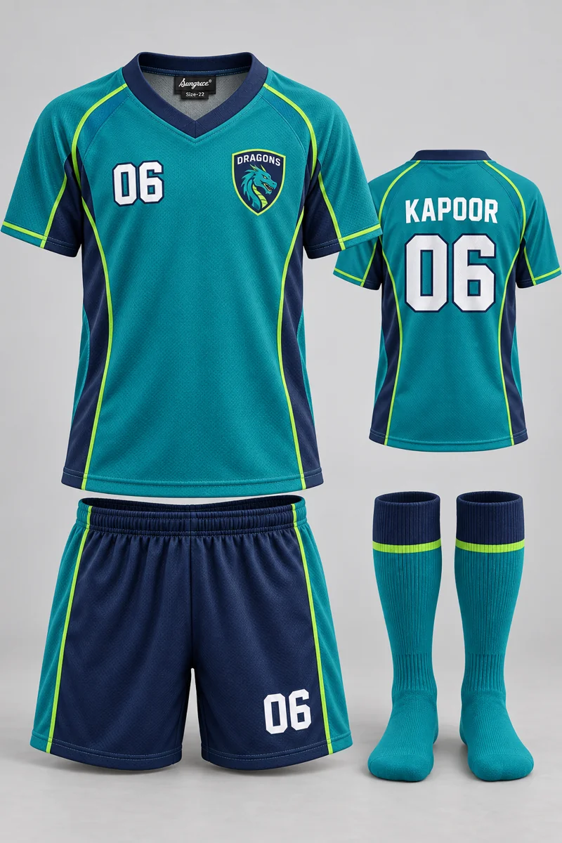Children's Hockey kit: Teal Contour, KAPOOR 06, team crest and Sungrace neck label