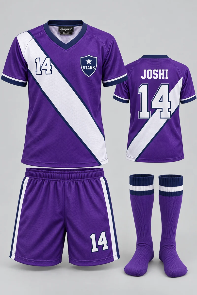 Children's Hockey kit: Violet Stride, JOSHI 14, team crest and Sungrace neck label