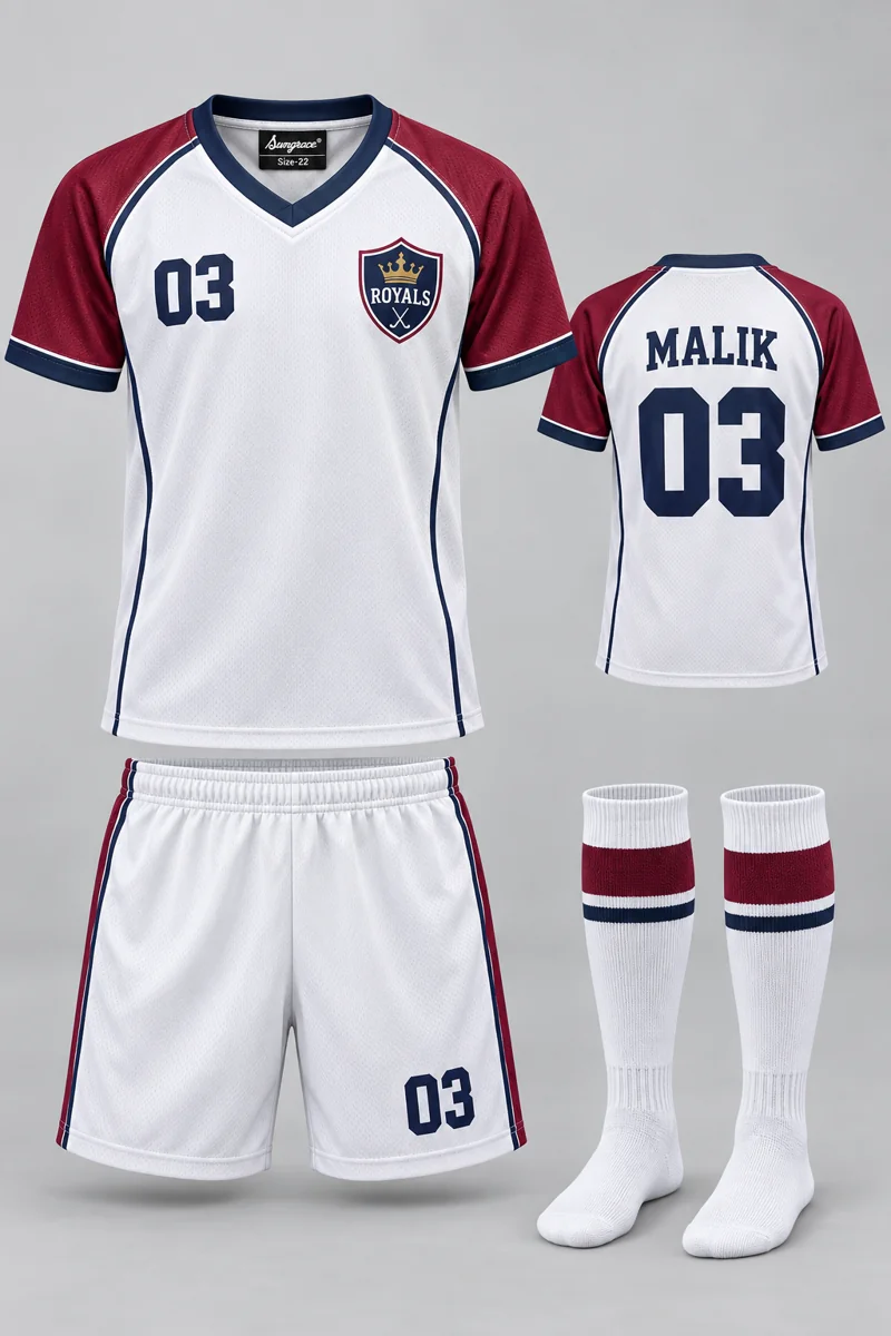 Children's Hockey kit: White Contrast, MALIK 03, team crest and Sungrace neck label