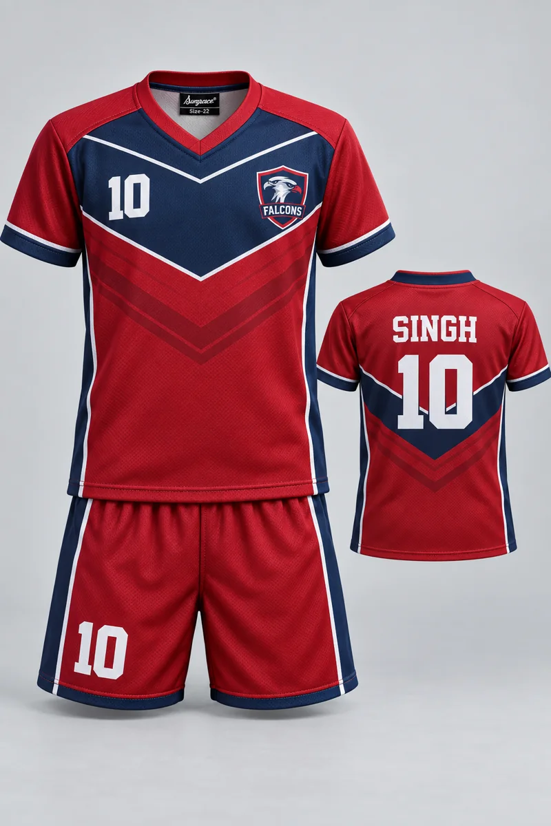 Children's Kabaddi kit: Crimson Chevron, SINGH 10, team crest and Sungrace neck label