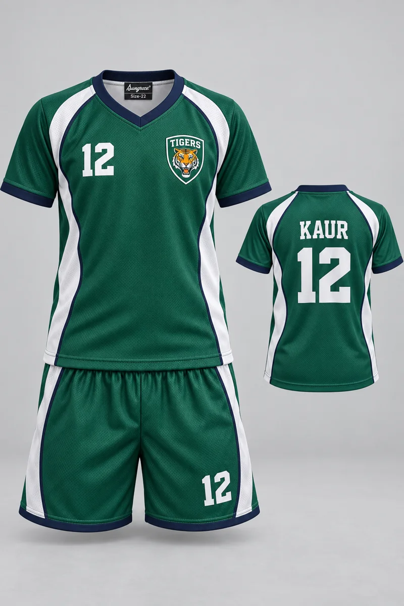 Children's Kabaddi kit: Emerald Side Panel, KAUR 12, team crest and Sungrace neck label