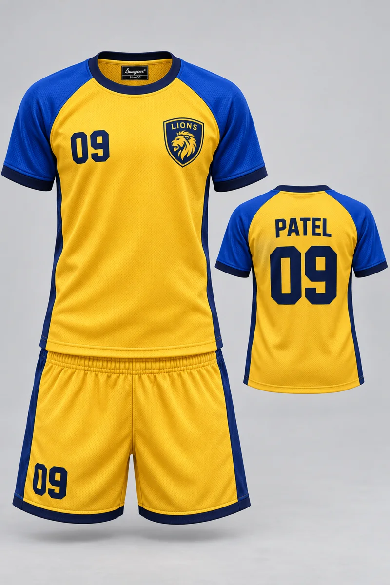 Children's Kabaddi kit: Sunrise Gold, PATEL 09, team crest and Sungrace neck label