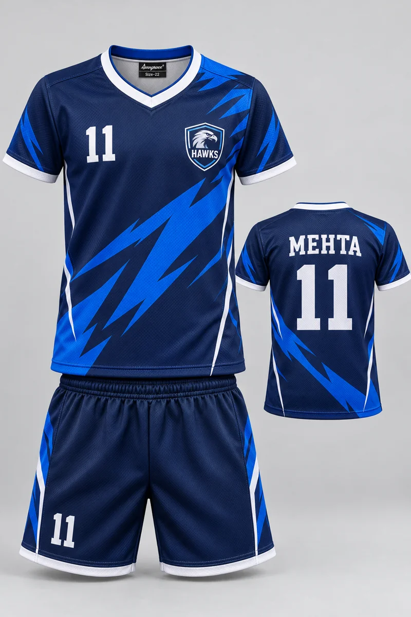 Children's Kabaddi kit: Navy Lightning, MEHTA 11, team crest and Sungrace neck label