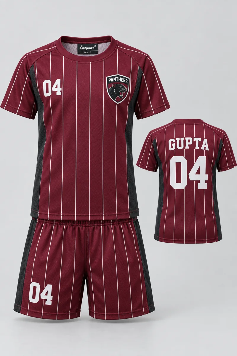 Children's Kabaddi kit: Burgundy Pinstripe, GUPTA 04, team crest and Sungrace neck label