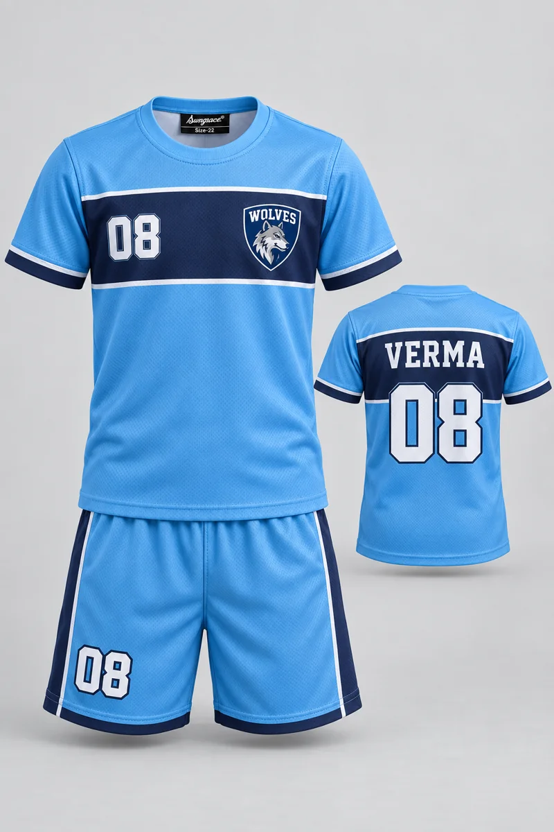 Children's Kabaddi kit: Sky Horizon, VERMA 08, team crest and Sungrace neck label