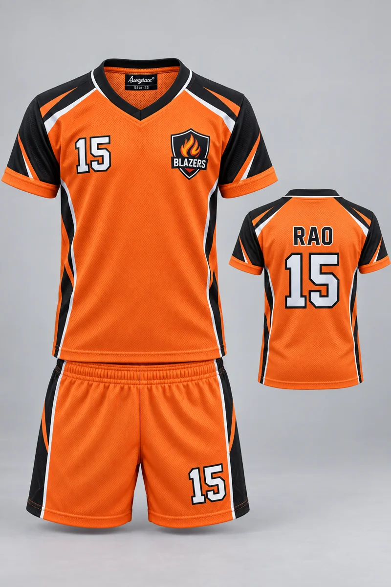 Children's Kabaddi kit: Orange Velocity, RAO 15, team crest and Sungrace neck label