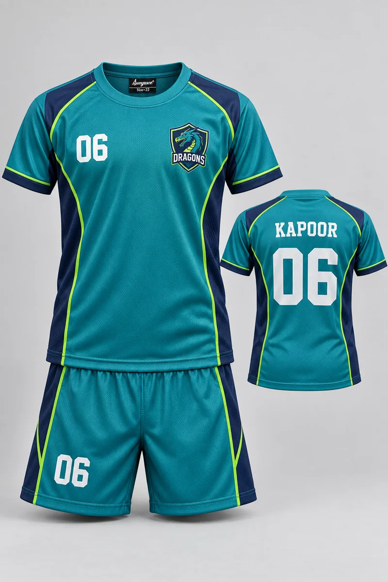 Children's Kabaddi kit: Teal Contour, KAPOOR 06, team crest and Sungrace neck label